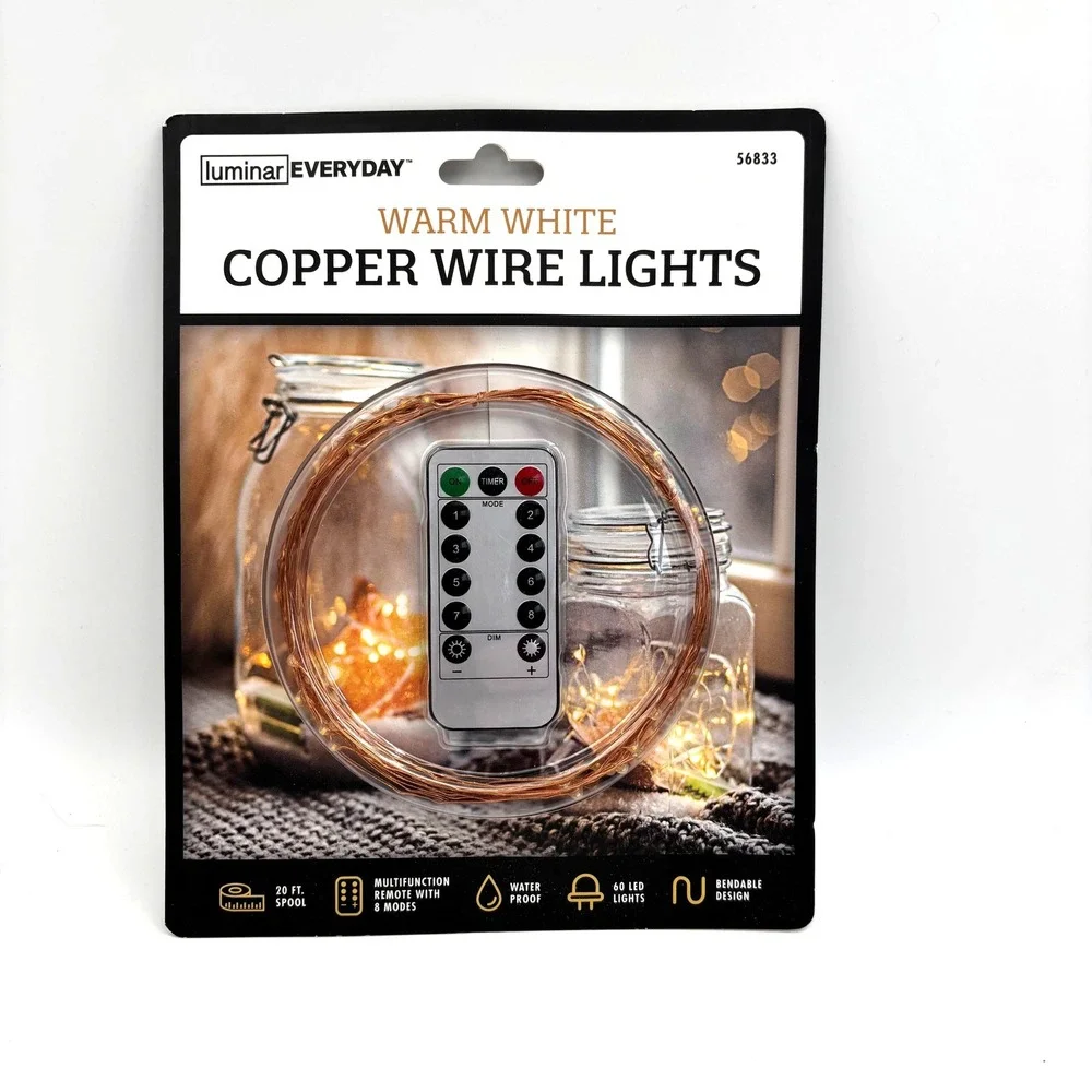 Luminar Everyday Warm White Copper Wire LED Lights 20ft Spool‎ with Remote